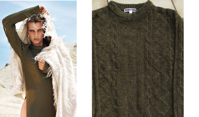 A Gauche : Robe en viscose  Céline, A gauche : pull en laine des milices 